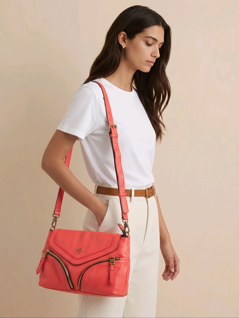 Orange Leather Shoulder Bag with Antique Gold Chain Strap And Crossbody